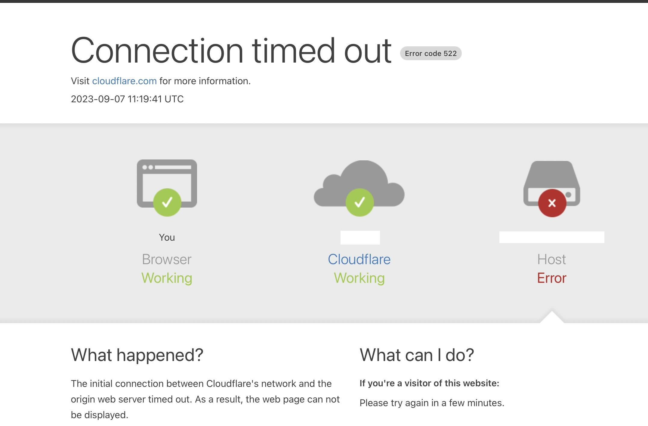 Cloudflare - Connection timed out - Error code 522